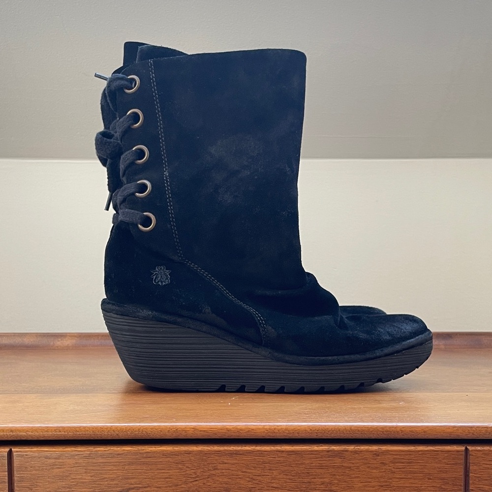 Fly London Black Suede Wedge Boots